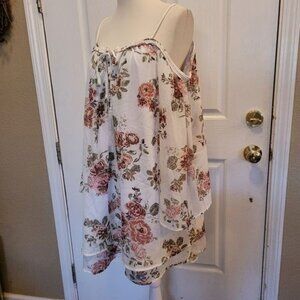 Chiffon Dress Off Cold Shoulder White Floral Boho Romantic Short Above knee XL